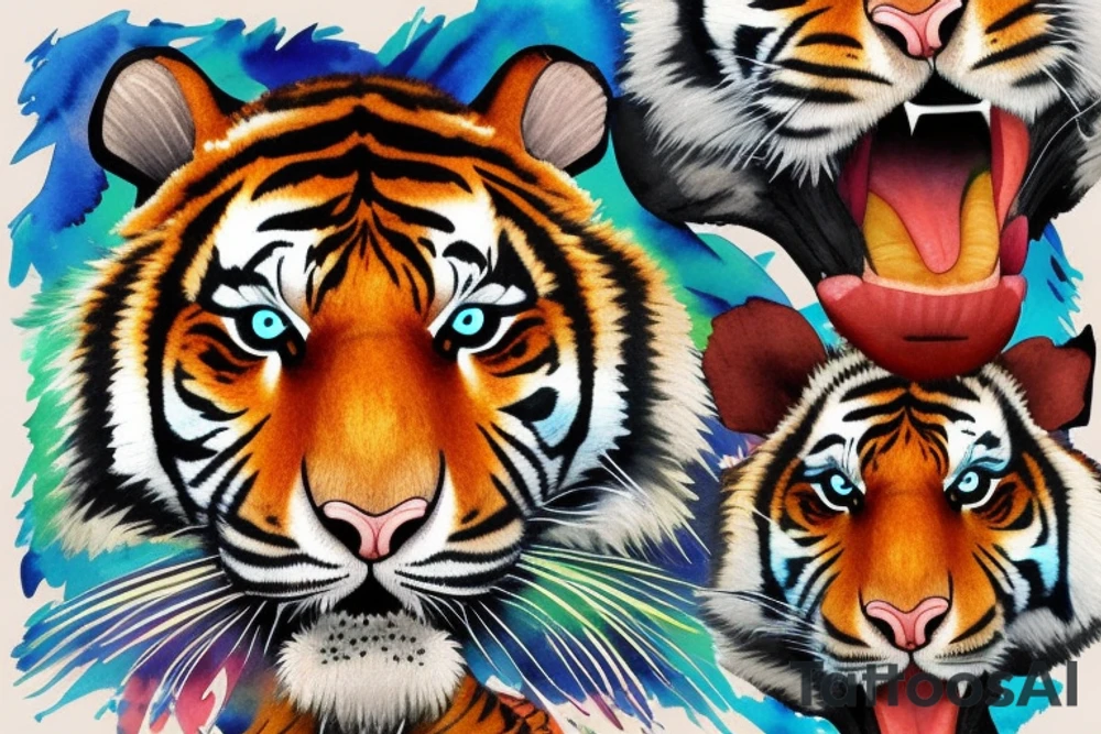 An animated tiger face.  Three dimensional.  That's very brightly colored and had great detail tattoo idea
