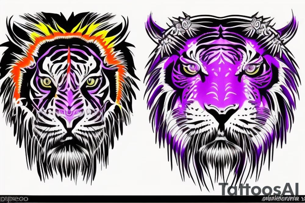 Orange and purple neon colored tiger face with regalia purple eyes tattoo idea