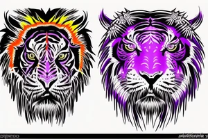 Orange and purple neon colored tiger face with regalia purple eyes tattoo idea