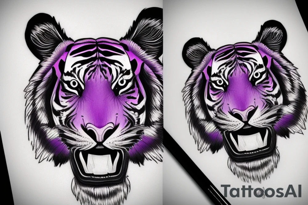 Orange and purple neon colored tiger face with regalia purple eyes tattoo idea