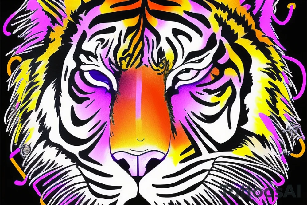 Orange and purple neon colored tiger face with regalia purple eyes tattoo idea