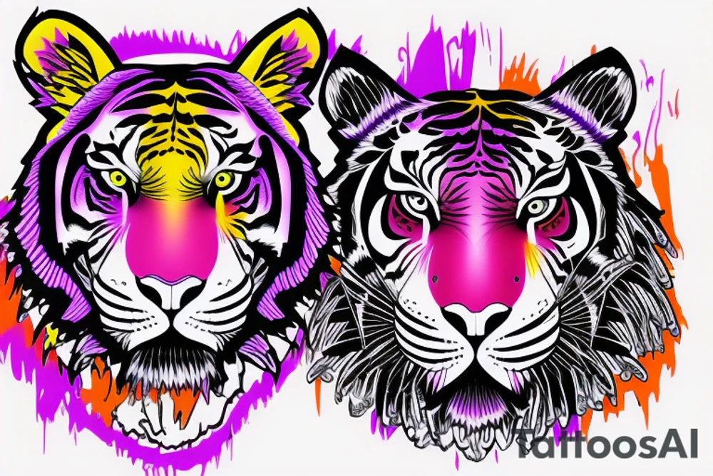 Orange and purple neon colored tiger face with regalia purple eyes tattoo idea