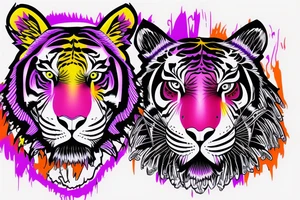 Orange and purple neon colored tiger face with regalia purple eyes tattoo idea