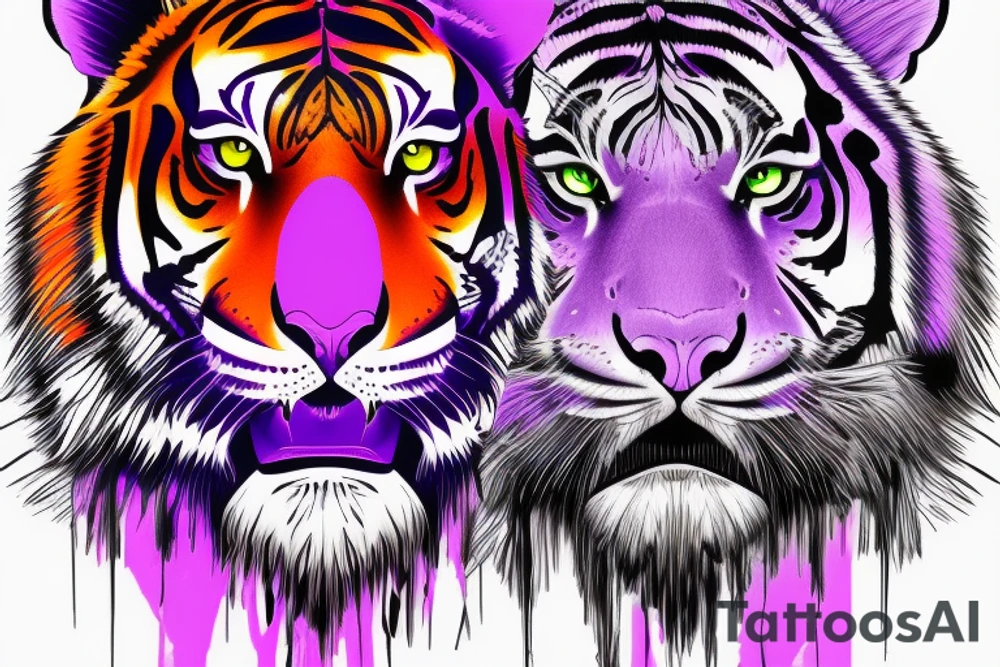 Orange and purple neon colored tiger face with regalia purple eyes and sharp edges with good depth and shape tattoo idea