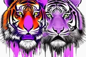 Orange and purple neon colored tiger face with regalia purple eyes and sharp edges with good depth and shape tattoo idea