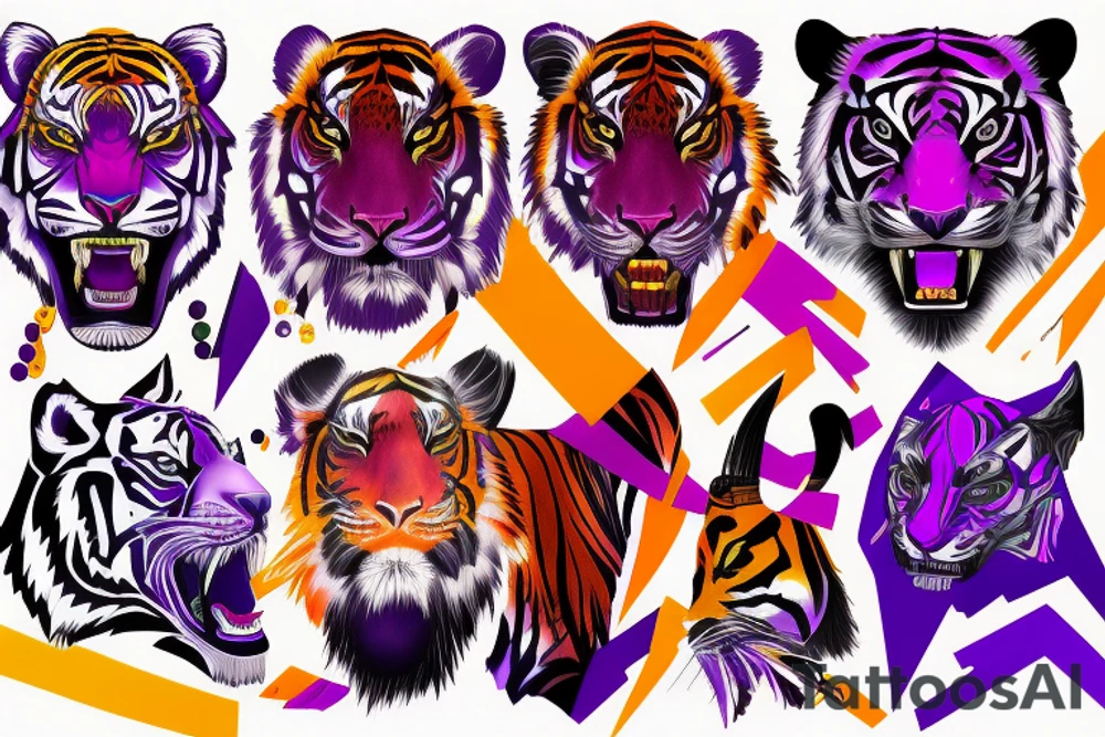 Orange and purple neon colored tiger face with regalia purple eyes and sharp edges with good depth and shape tattoo idea