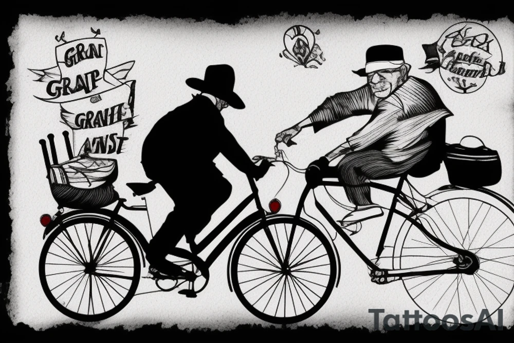 Grandfather on bicycle wearing a hat riding into the sunset tattoo idea