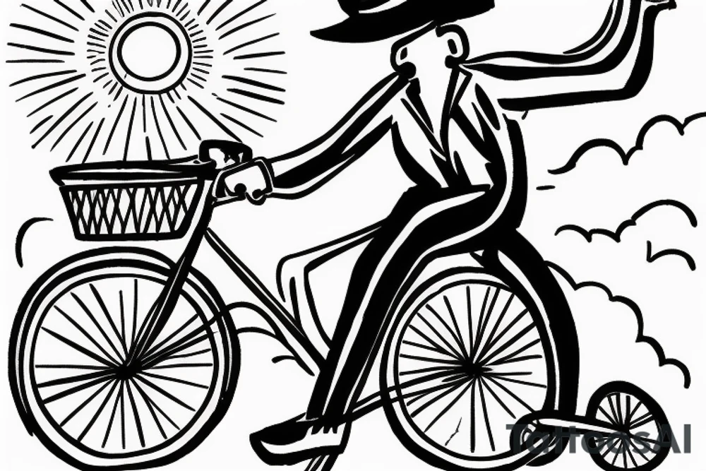 Man on bicycle wearing a hat riding into the sunset tattoo idea