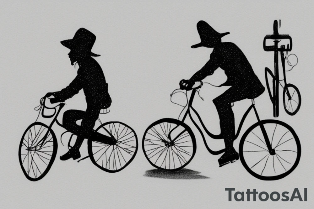 Man on bicycle wearing a hat riding into the sunset tattoo idea