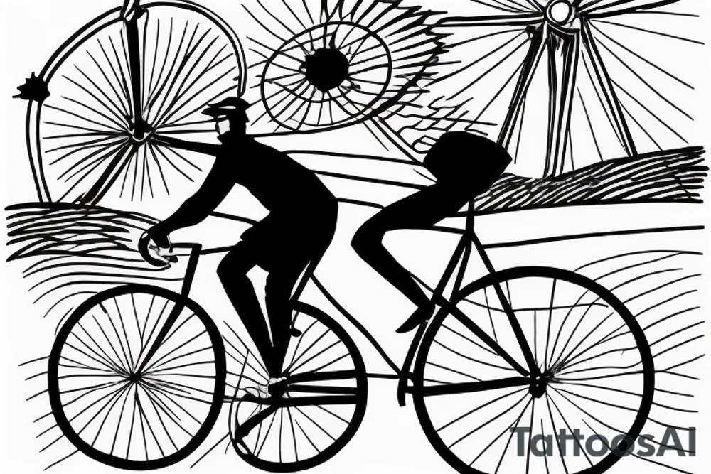 Man on bicycle wearing a hat riding toward the sunset tattoo idea