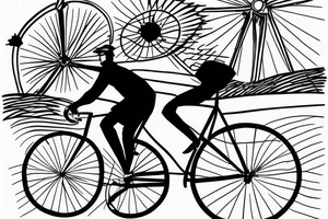 Man on bicycle wearing a hat riding toward the sunset tattoo idea