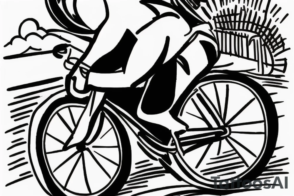 Man on bicycle wearing a hat riding toward the sunset tattoo idea