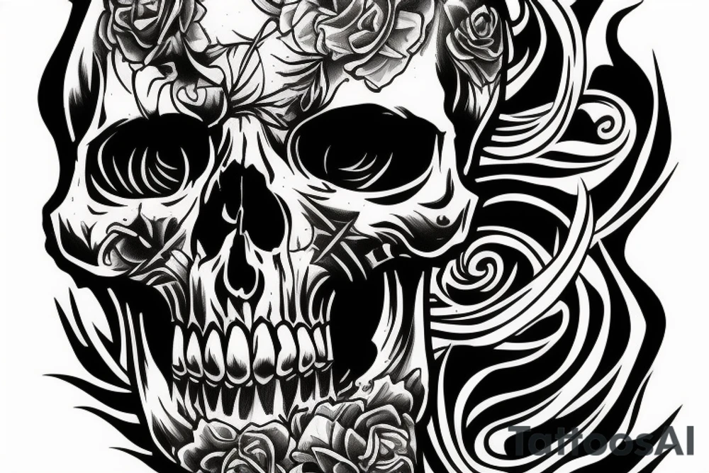 Epic skull with true blue flames tattoo idea