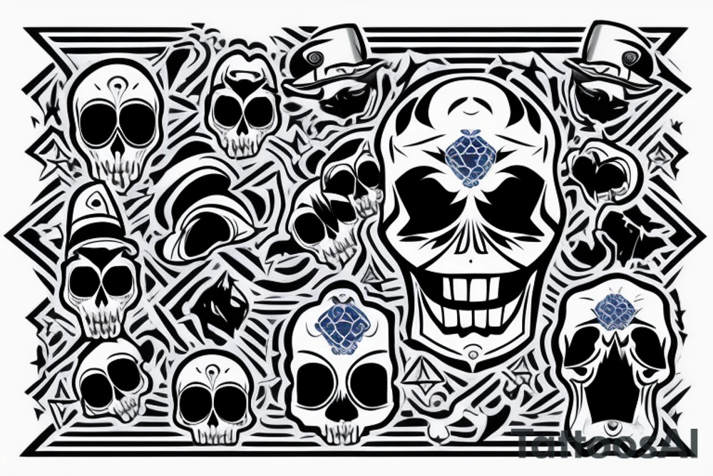 Rare style skull  with vampire teeth with true blue flames around it tattoo idea