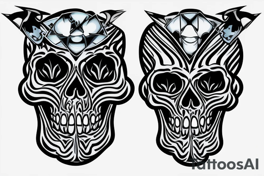 Rare style skull  with vampire teeth with true blue flames around it tattoo idea