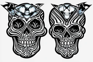 Rare style skull  with vampire teeth with true blue flames around it tattoo idea