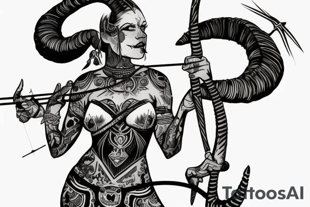 A woman with ram horns on her head, holding a bow and arrow, with a scorpion tattoo tattoo idea