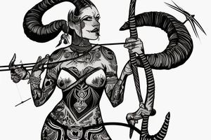 A woman with ram horns on her head, holding a bow and arrow, with a scorpion tattoo tattoo idea