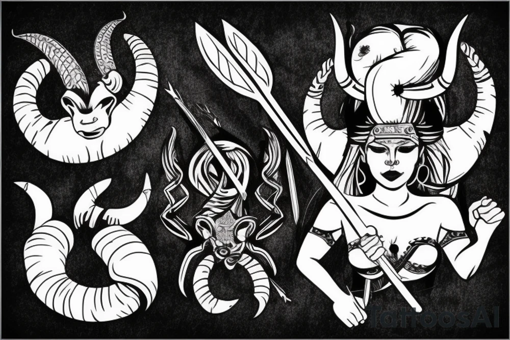 A woman with ram horns on her head, holding a bow and arrow, with a scorpion tattoo tattoo idea