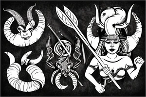 A woman with ram horns on her head, holding a bow and arrow, with a scorpion tattoo tattoo idea