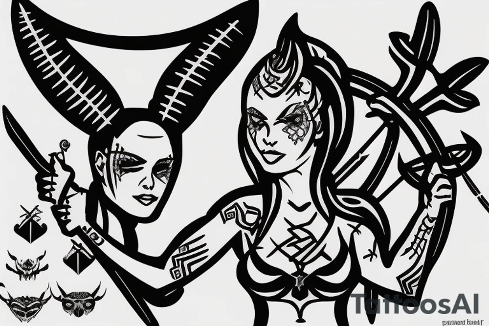 A woman with horns on her head, holding a bow and arrow, with a scorpion tattoo tattoo idea