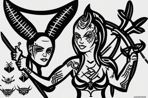 A woman with horns on her head, holding a bow and arrow, with a scorpion tattoo tattoo idea