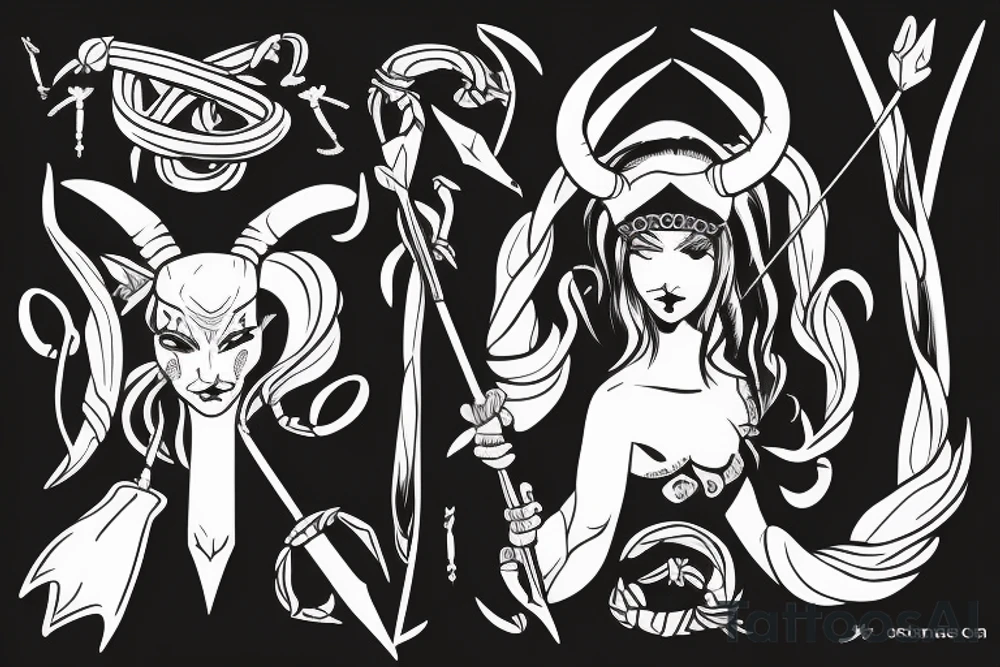 A woman with horns on her head, holding a bow and arrow, with a scorpion tattoo tattoo idea