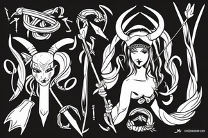 A woman with horns on her head, holding a bow and arrow, with a scorpion tattoo tattoo idea