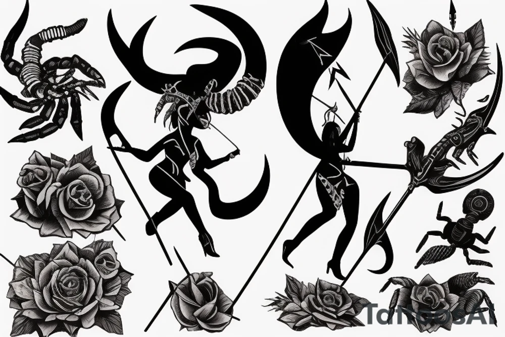 A woman with horns on her head, holding a bow and arrow, with a scorpion tattoo tattoo idea
