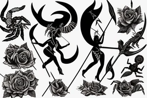 A woman with horns on her head, holding a bow and arrow, with a scorpion tattoo tattoo idea