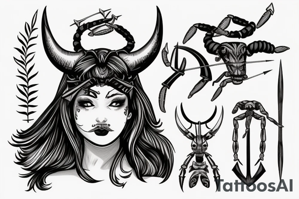 A woman with horns on her head, holding a bow and arrow, with a scorpion tattoo tattoo idea
