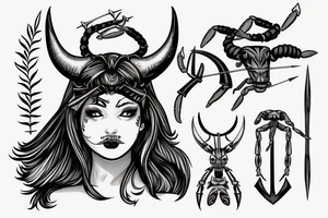 A woman with horns on her head, holding a bow and arrow, with a scorpion tattoo tattoo idea