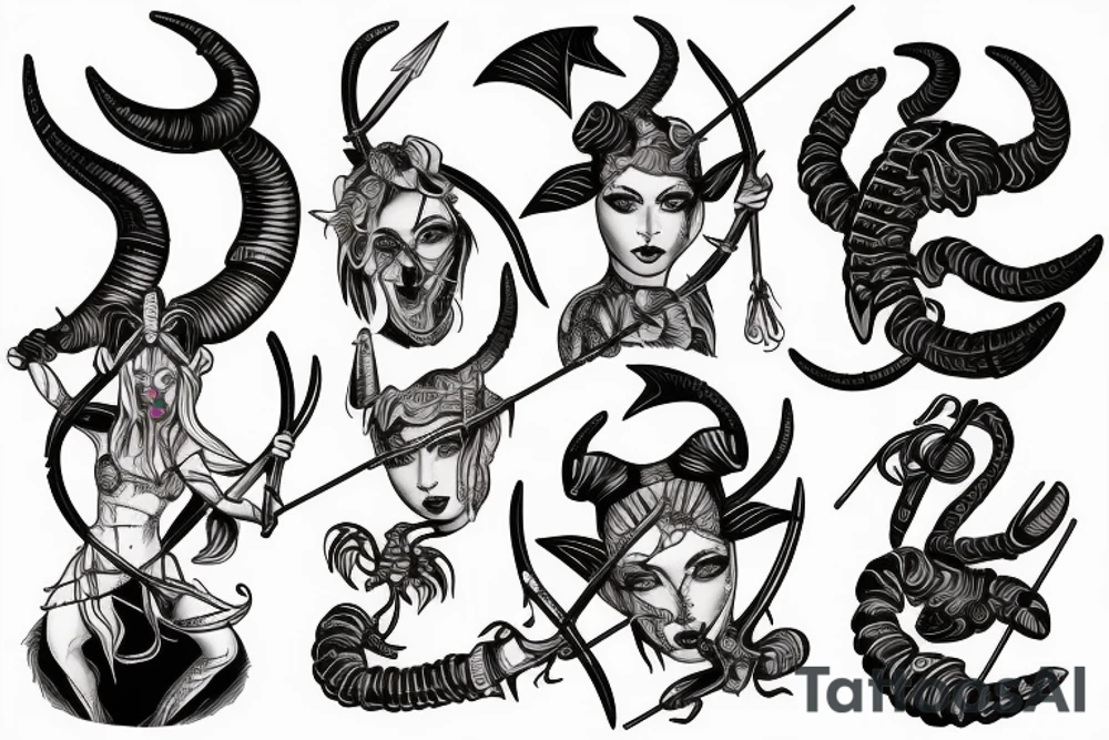 A woman with ram horns on her head, holding a bow and arrow, with a scorpion tattoo tattoo idea
