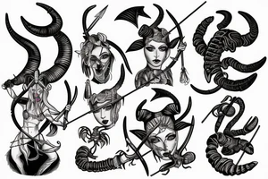 A woman with ram horns on her head, holding a bow and arrow, with a scorpion tattoo tattoo idea