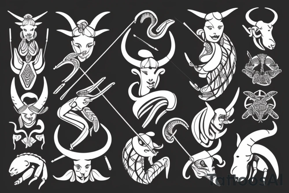 A woman with ram horns on her head, holding a bow and arrow, with a scorpion tattoo tattoo idea