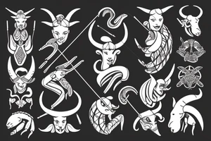 A woman with ram horns on her head, holding a bow and arrow, with a scorpion tattoo tattoo idea