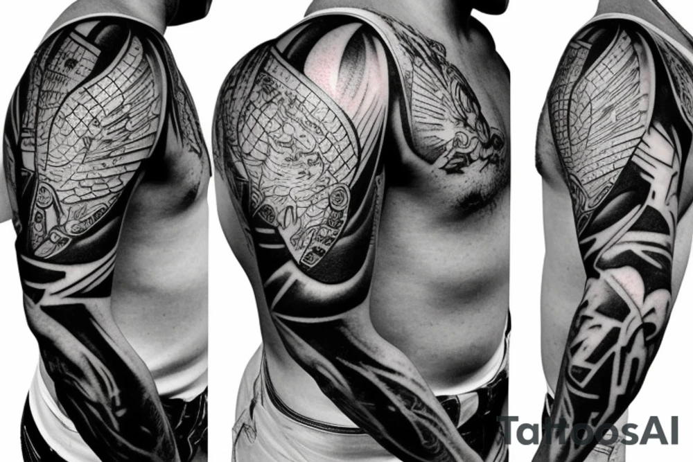 Metal armor shoulder pad with engravings tattoo idea