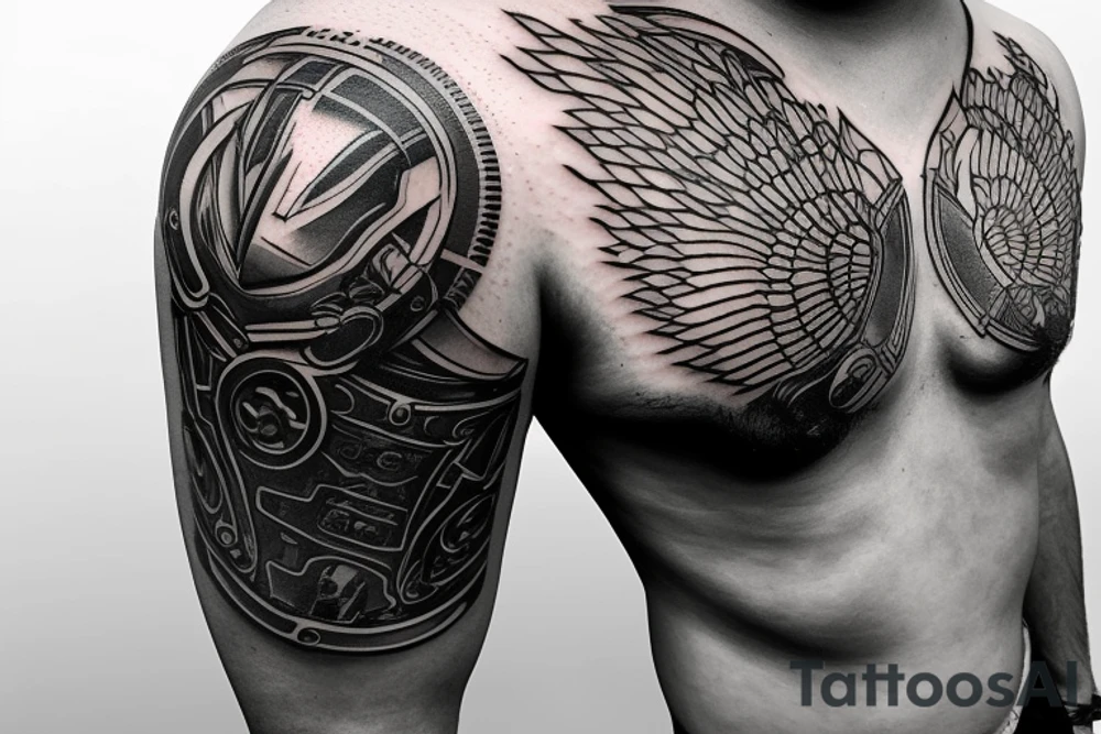 Metal armor shoulder pad with engravings tattoo idea