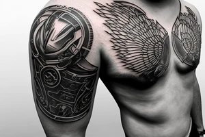 Metal armor shoulder pad with engravings tattoo idea
