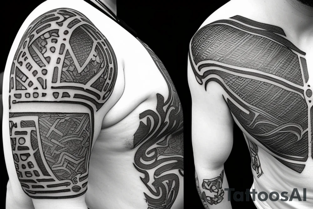 Metal armor shoulder pad with engravings tattoo idea