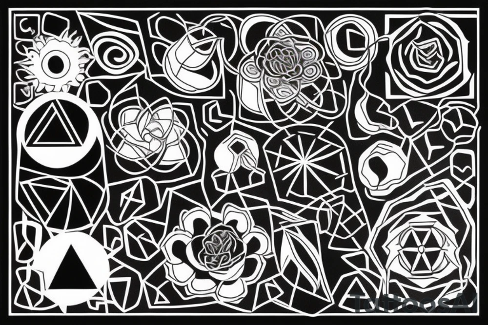 plants that intertwine with geometric shapes in black and red colors tattoo idea