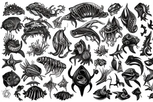 Organic deep sea creature with machine parts tattoo idea