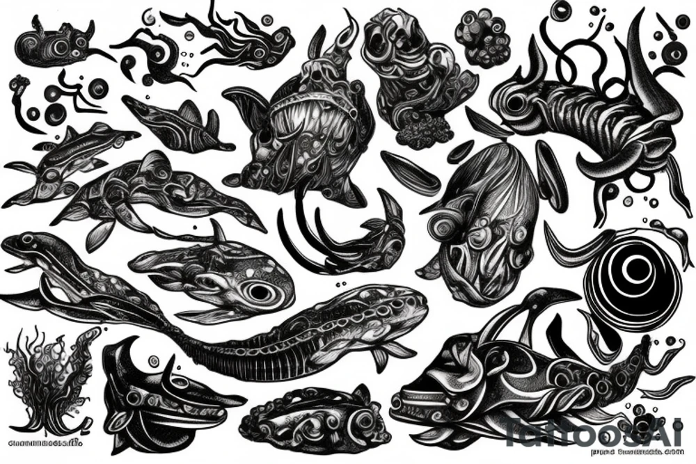 Organic deep sea creature with machine parts tattoo idea