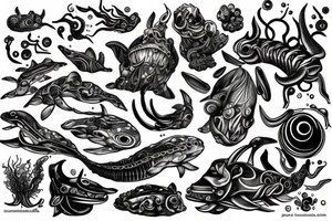 Organic deep sea creature with machine parts tattoo idea