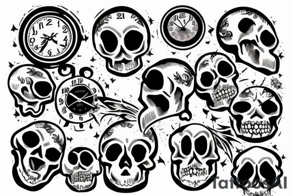 Skull, clock, flame tattoo idea