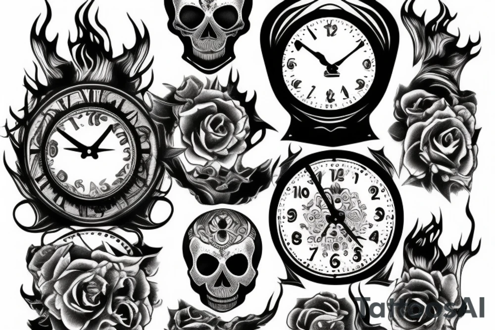 Skull, clock, flame tattoo idea