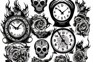 Skull, clock, flame tattoo idea