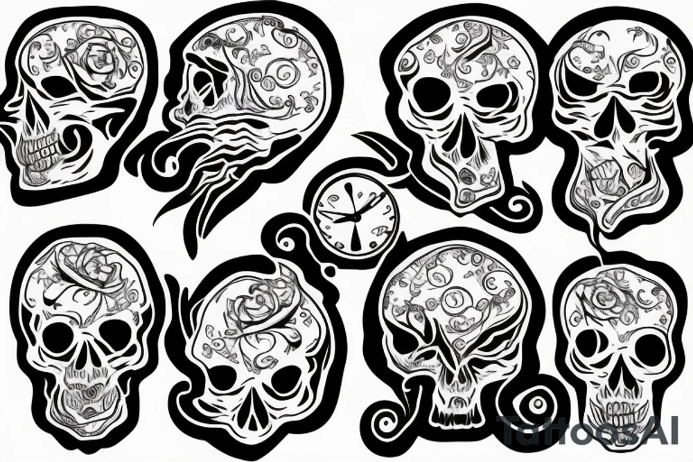 Skull, clock, flame tattoo idea