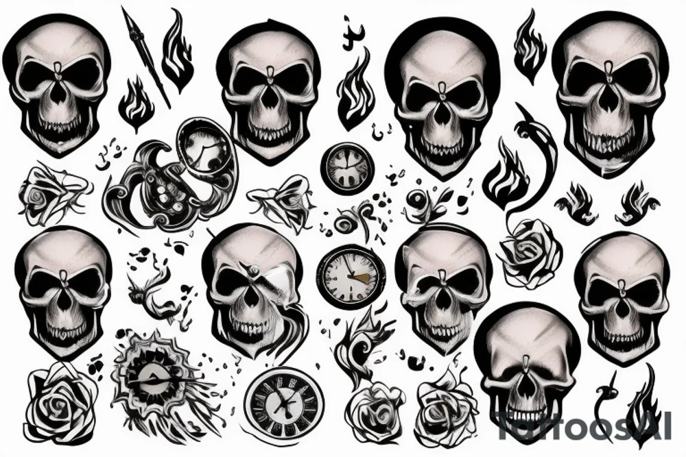 Skull, clock, flame tattoo idea