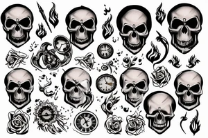 Skull, clock, flame tattoo idea